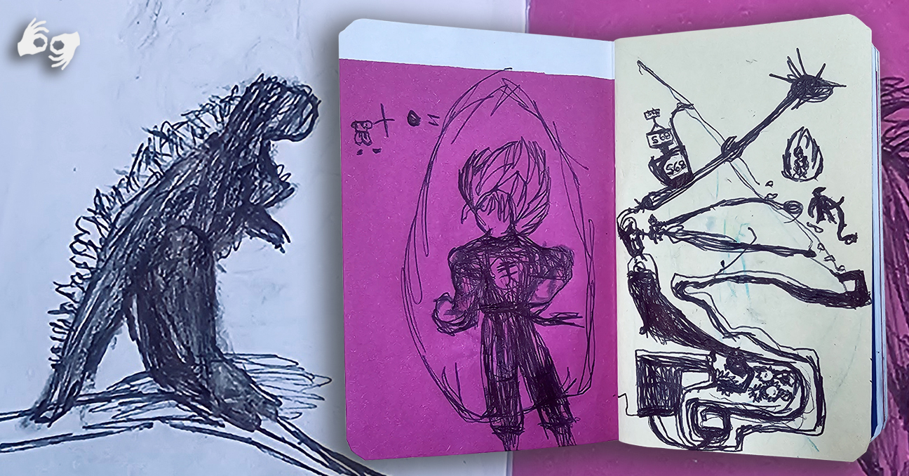 Una pequeña libreta abierta con dibujos a tinta negra